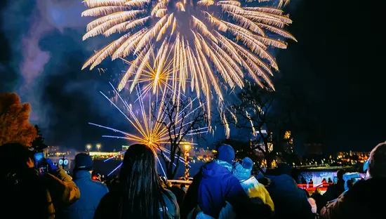 Groupe de personnes regardant les feux d’artifice aux couleurs vives dans le ciel sombre au-dessus des chutes Niagara.