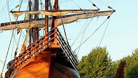 A large ship in a harbour.