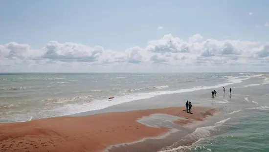 이리 호수가 내려다보이는 해변의 모래사장에서 한 남자가 그네에 탄 여자를 밀어주고 있다.
