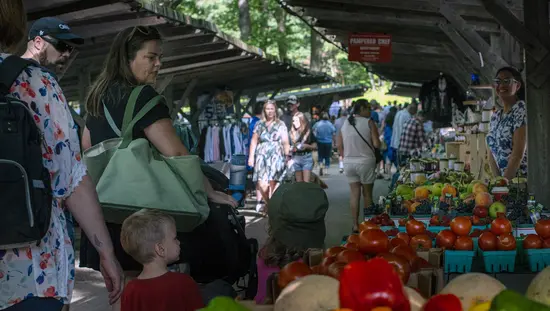 Shoppers and sellers at Pinery Market in Grand Bend, Ontario.