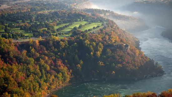 Aerial view of Whirlpool Golf Course in Niagara Falls, Ontario in autumn.