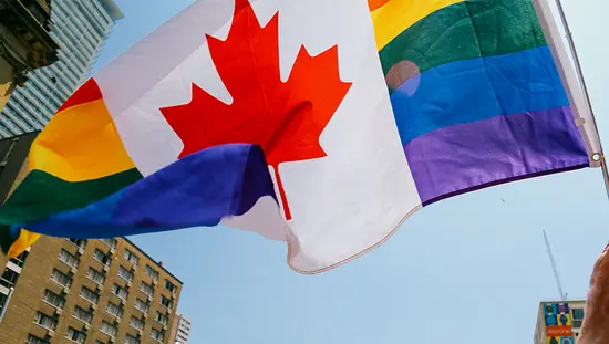 People waving rainbow and Canadian flags during the Toronto Pride parade on a city street with colourful festival crowds and sunlight flare.