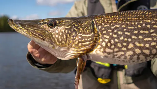 A successful angler holds up his catch from fishing in Sunset Country.