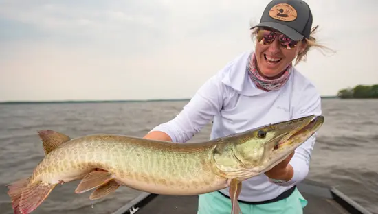 A woman holds up a large muskie on a fishing trip from Grassy Narrows Lodge.