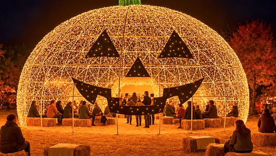Une grande structure illuminée en forme de citrouille, décorée d’un visage de citrouille-lanterne, entourée de bottes de foin et de personnes lors d’un événement d’Halloween en plein air. 