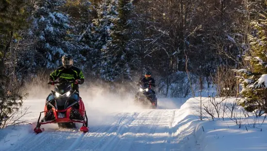 Two snowmobilers riding a sunlit forest trail with snow dust glowing behind them.