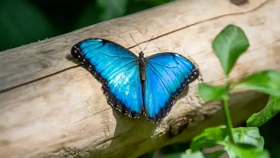 Ein leuchtend blauer Schmetterling ruht auf einem Holzstamm.