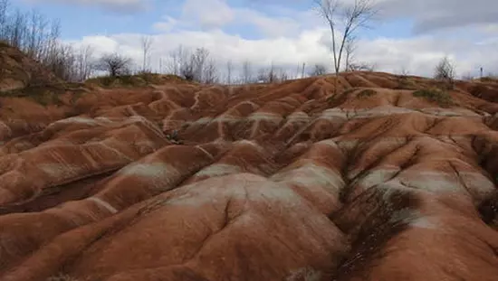 황무지라고 알려진 건조하고 점토가 풍부한 지형의 근접 사진입니다.