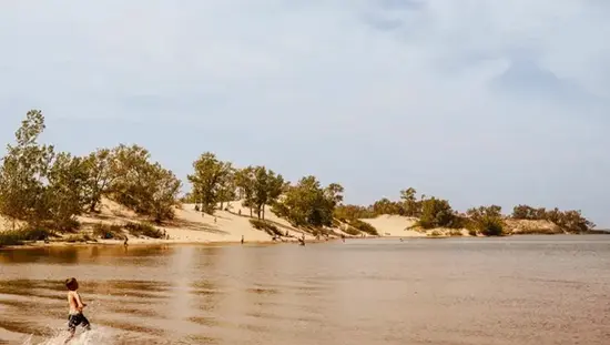Enfant barbotant dans l’eau au parc provincial Sandbanks, avec des dunes, des arbres épars et un ciel d’été brumeux en arrière-plan.