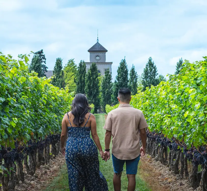 Un couple marche dans un vignoble de la Two Sisters Winery à Niagara-on-the-Lake.