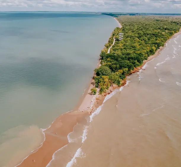 A bird’s-eye view of a narrow forested peninsula, with waves lapping along the sandy shoreline under soft daylight.