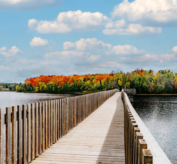 Romenade riveraine à Orangeville, en Ontario, au-dessus du lac Island, vers une terre boisée, avec des couleurs automnales sous un ciel bleu nuageux.