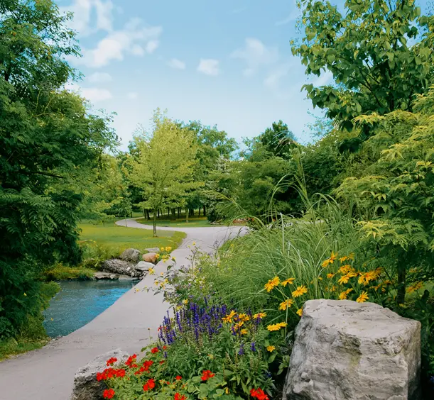 Scenic walking path in Brampton lined with summer flowers, trees, and a creek under a bright blue sky.