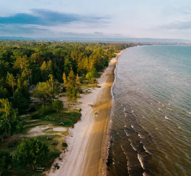 Aerial view of Wasaga Beach with a wide sandy shoreline, forested parkland bordering the beach, and gentle waves under a pastel evening sky.