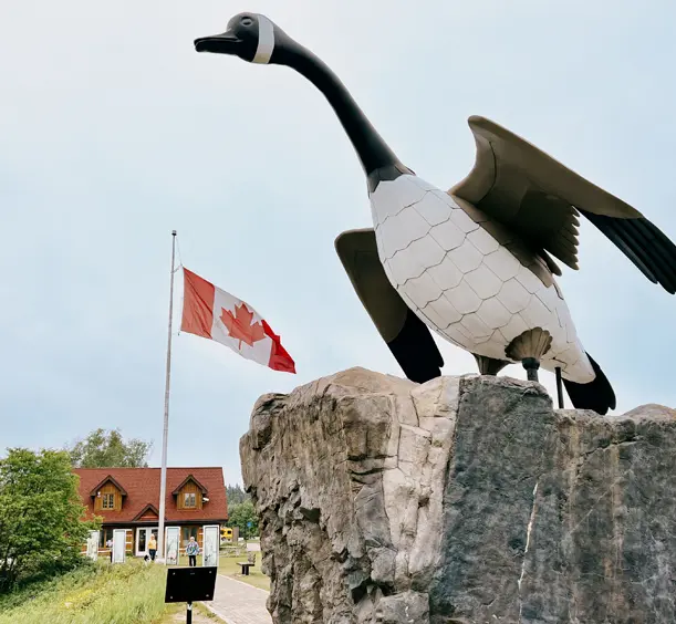 Large black and white Wawa Goose monument with wings outstretched, perched on a tall rock, with a Canadian flag and a building in the background.