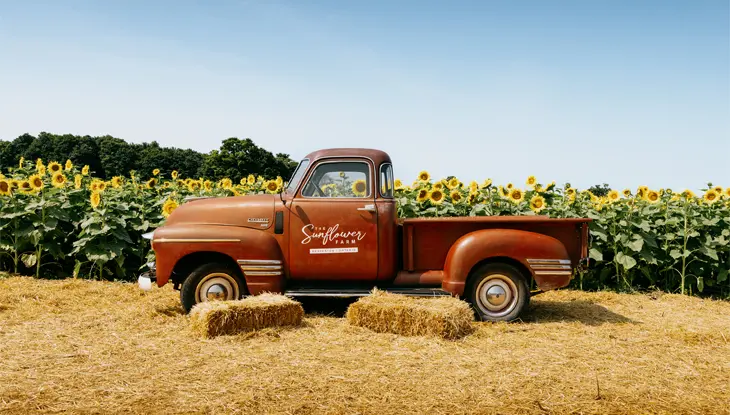 Una camioneta color burdeos que dice "The Sunflower Farm" estacionada frente a un alto campo de girasoles en un día claro en Beaverton, Ontario.