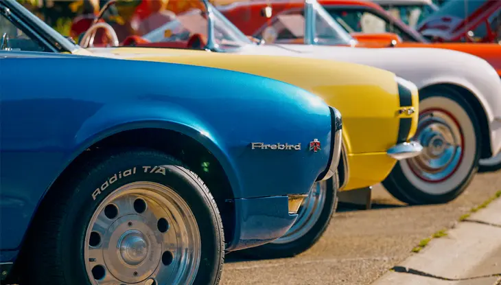  Exposición de automóviles en Chatham-Kent, con una fila de coches clásicos coloridos, incluido un Pontiac Firebird azul.