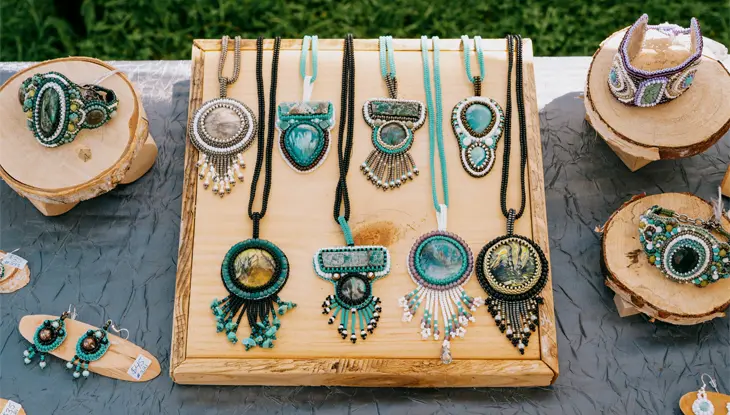 Exhibición de collares y colgantes de cuentas hechos a mano en Bracebridge en la Exposición de verano de artes y artesanías de Muskoka.