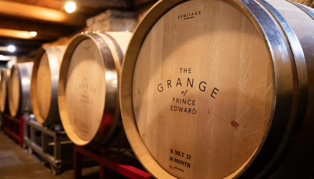 A row of wine barrels on wooden slats in the wine cellar of Grange of Prince Edward winery.