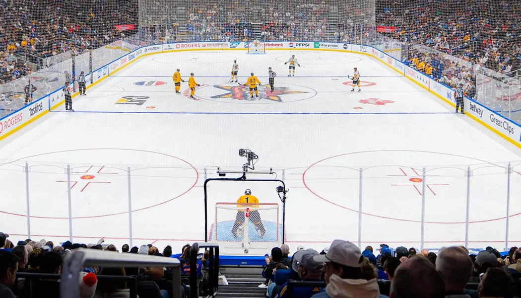 Spectators watch an NHL all-star weekend hockey game at Scotiabank Arena in downtown Toronto.