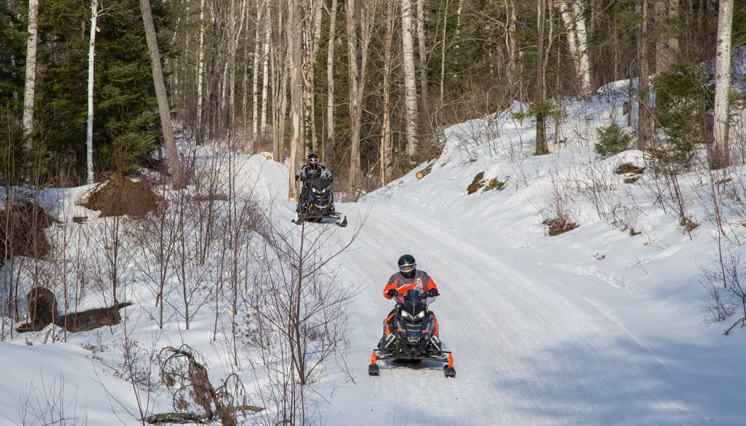 Dos conductores en motonieve recorren un sendero sobre una colina nevada rodeada de bosque a lo largo del famoso Round Algonquin Park Tour.