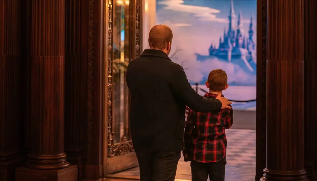 A father and young son view a fantasy exhibit in one of the grand rooms at Toronto's Casa Loma.