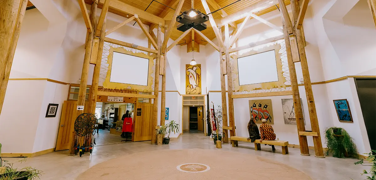 Interior gallery and gathering space at the Ojibwe Cultural Foundation.