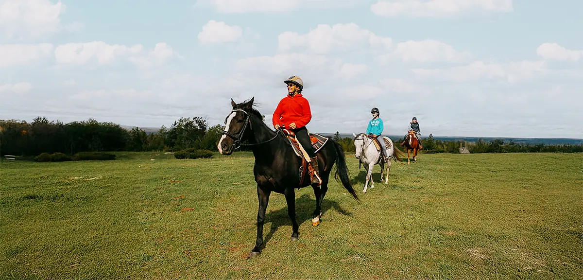 Three people riding horses on an open field under a cloudy sky.
