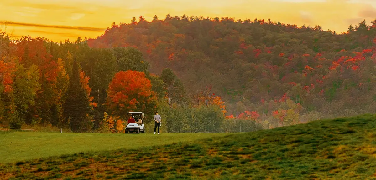 Los golfistas disfrutan del golf durante la temporada de otoño en exuberantes calles con los magníficos colores otoñales de fondo.