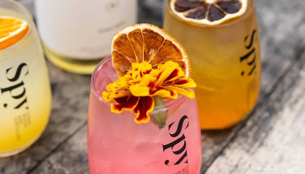 Three glasses of colourful cider topped with fruit and flowers sit on a wooden table.