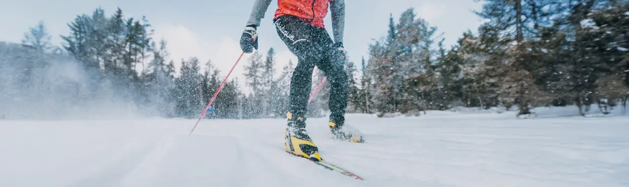 Cross-country skier in red and black jacket gliding through snow at Windy Lake Provincial Park, with evergreens in the background.
