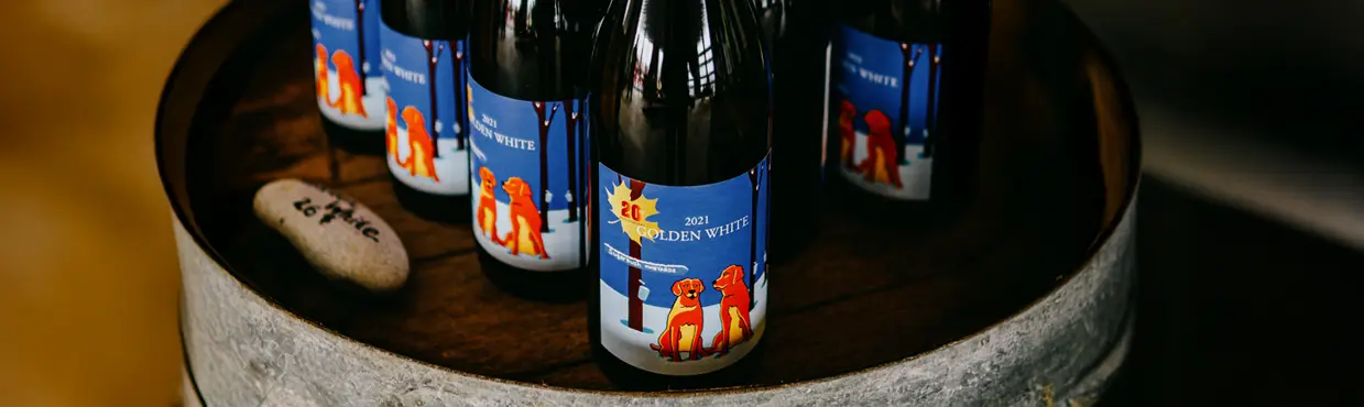 Bouteilles de vin « 2021 Golden White » avec étiquettes représentant deux golden retrievers, disposées sur un tonneau, à Sugarbush Vineyards & Winery.