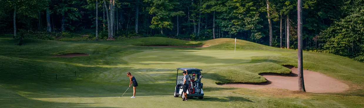 골퍼가 솔트세인트마리 골프 클럽의 햇살 가득한 페어웨이에서 스윙을 준비하고 있습니다. 근처에는 골프 카트가 있고, 배경에는 무성한 숲이 보입니다.