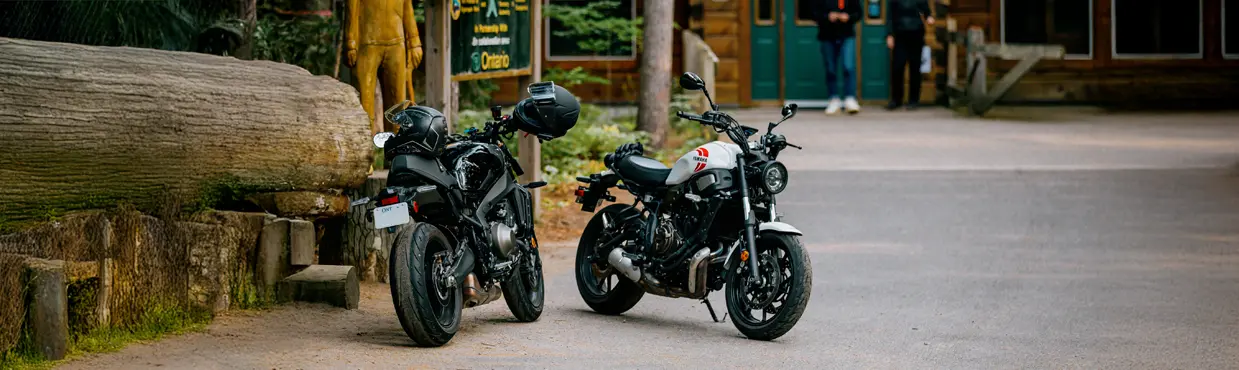 알곤퀸 주립공원 방문자 센터 밖에 오토바이 두 대가 주차되어 있고, 나무 조각상과 숲 표지판이 있으며, 입구 근처에 두 사람이 있습니다.