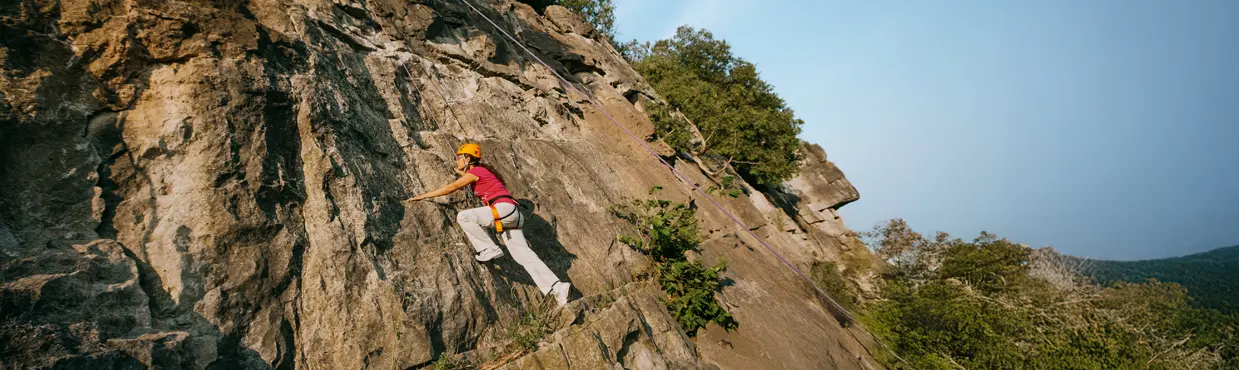 A climber wearing a harness and helmet ascending a steep rock face in Rattlesnake Point Conservation Area on a sunny day, with ropes secured above.