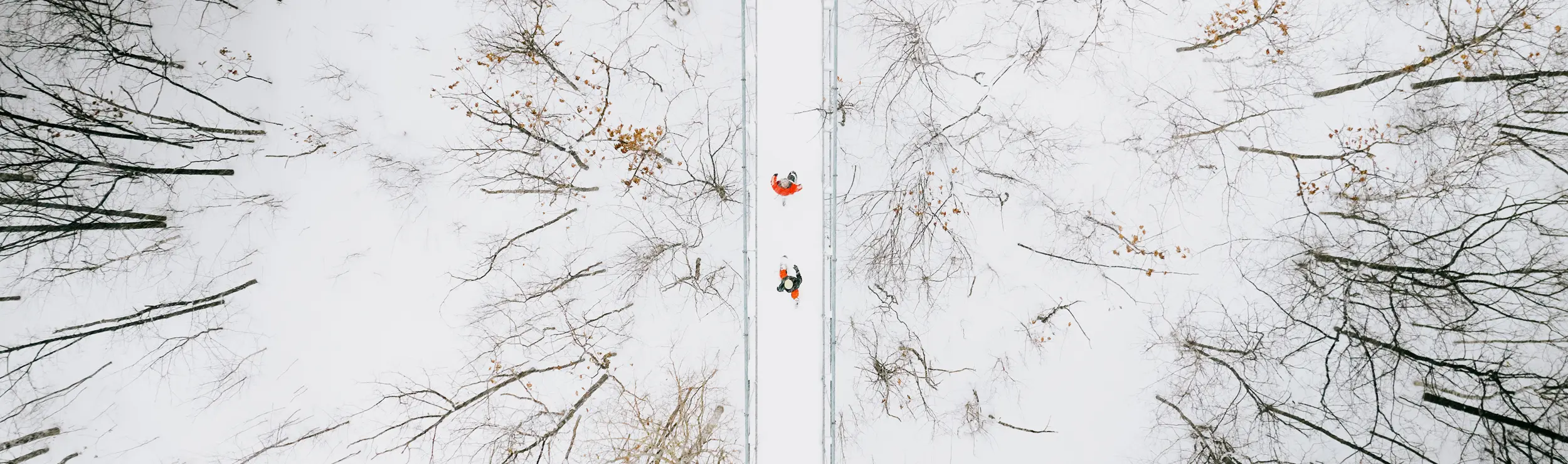 Vue aérienne de deux personnes faisant de la raquette par une journée enneigée sur le sentier du spa scandinave Blue Mountain dans les Blue Mountains.