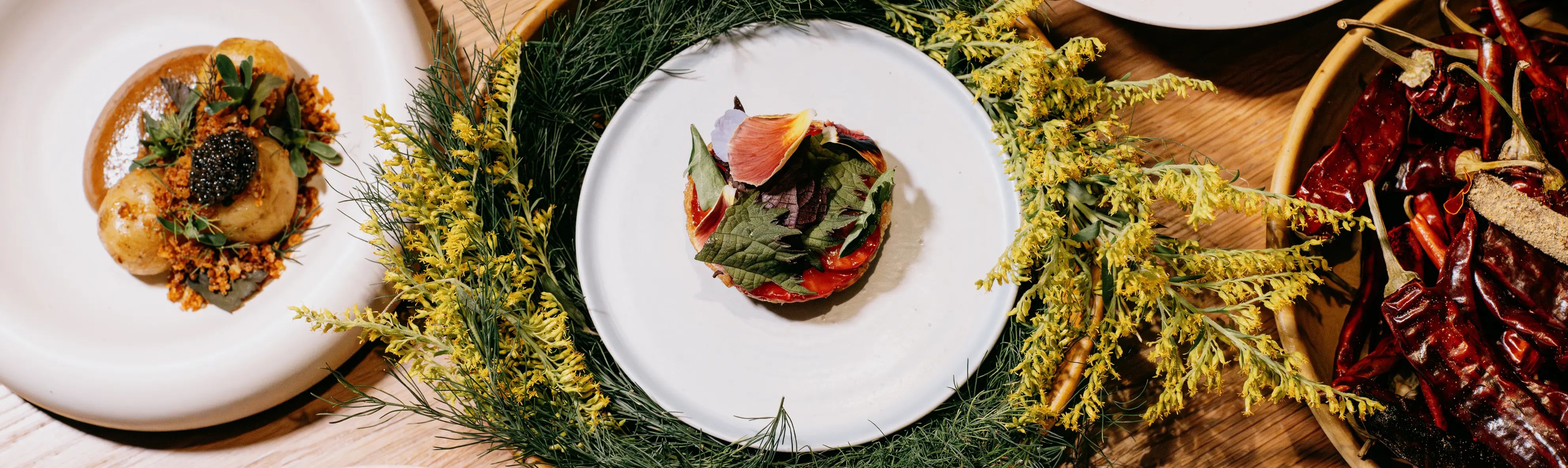 緑の上に置かれた皿の周りには、色とりどりの料理が盛り付けられています。