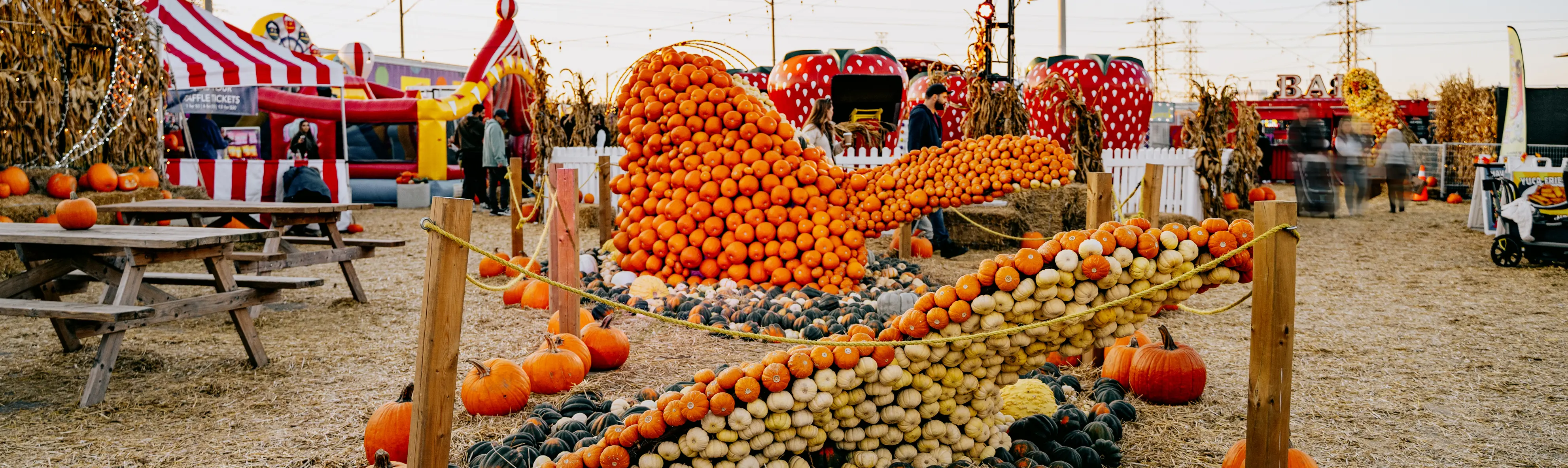 Esculturas de calabaza exhibidas frente a las atracciones de la feria en Pumpkinville en Etobicoke.