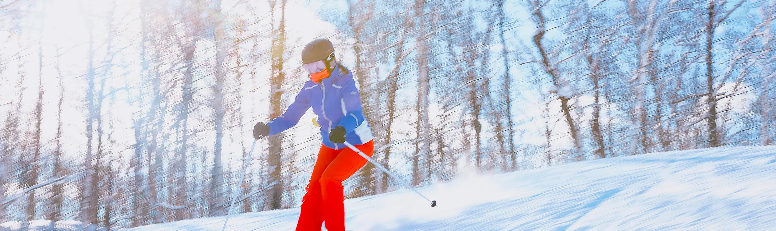 Esquiador con pantalones rojos moviéndose a través de un bosque nevado con la luz del sol filtrándose a través de los árboles desnudos.