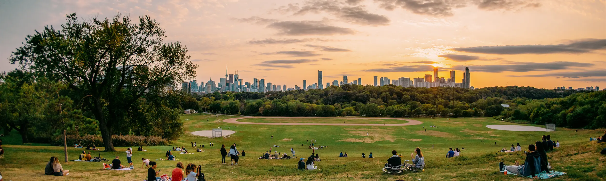 People relaxing on a grassy hillside at sunset, with the Toronto skyline visible in the distance across a park with baseball diamonds.