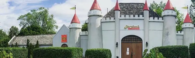 Un château blanc et de grandes portes en bois à l’entrée d’un parc à thème.