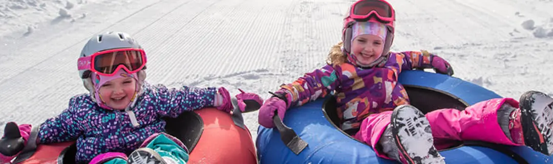 Horseshoe Resort의 눈 덮인 언덕 앞에서 스노우 튜브에 앉아 있는 두 아이.