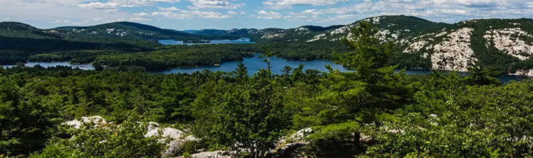 전망대에서 보는 산, 숲, 호수의 풍경.