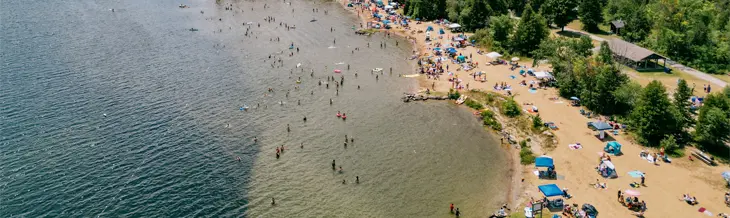 A busy summer beach at Balsam Lake Provincial Park, with swimmers and umbrellas along the sandy shoreline
