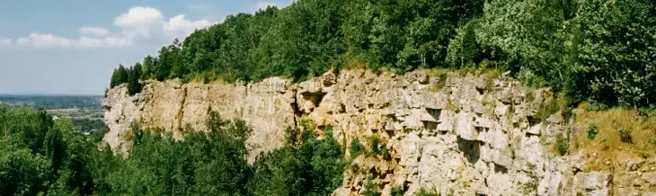 맑은 여름날, 푸른 하늘과 멀리 보이는 지평선과 함께 켈소 보호구역의 울창한 녹색 숲과 울창한 석회암 절벽의 아름다운 풍경입니다.