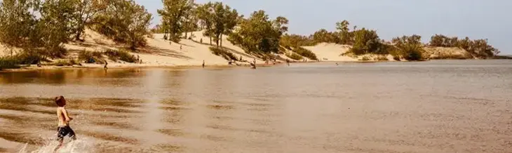 Kind planscht im Wasser des Sandbanks Provincial Park, mit sanften Sanddünen, vereinzelten Bäumen und einem dunstigen Sommerhimmel im Hintergrund.