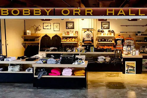 The gift shop at the Bobby Orr Hall Of Fame. Stocked with sweater, jerseys, hats and memorabilia.