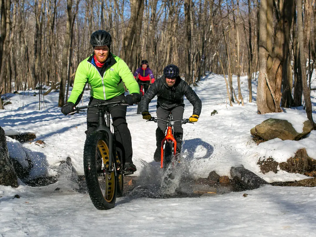세 명의 자전거 타는 사람이 뚱뚱한 자전거를 타고 눈 덮인 산길을 달려간다.
