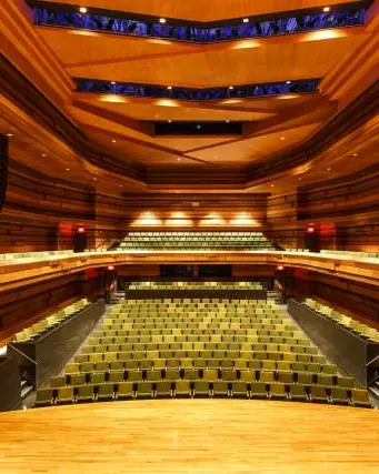  Concert hall stage facing rows of seats in the back with carved wooden ceiling with subdued lighting