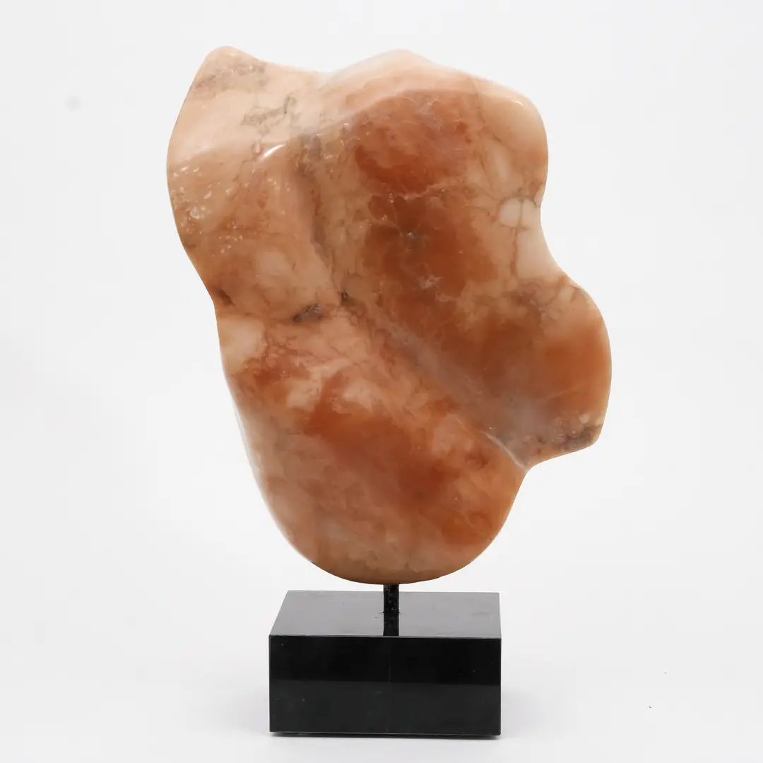 Sculpture abstraite en nuances et tintes d'un rose tirant sur le brun avec extrémités arrondies et des courbes gracieuses installée sur un socle noir rectangulaire.